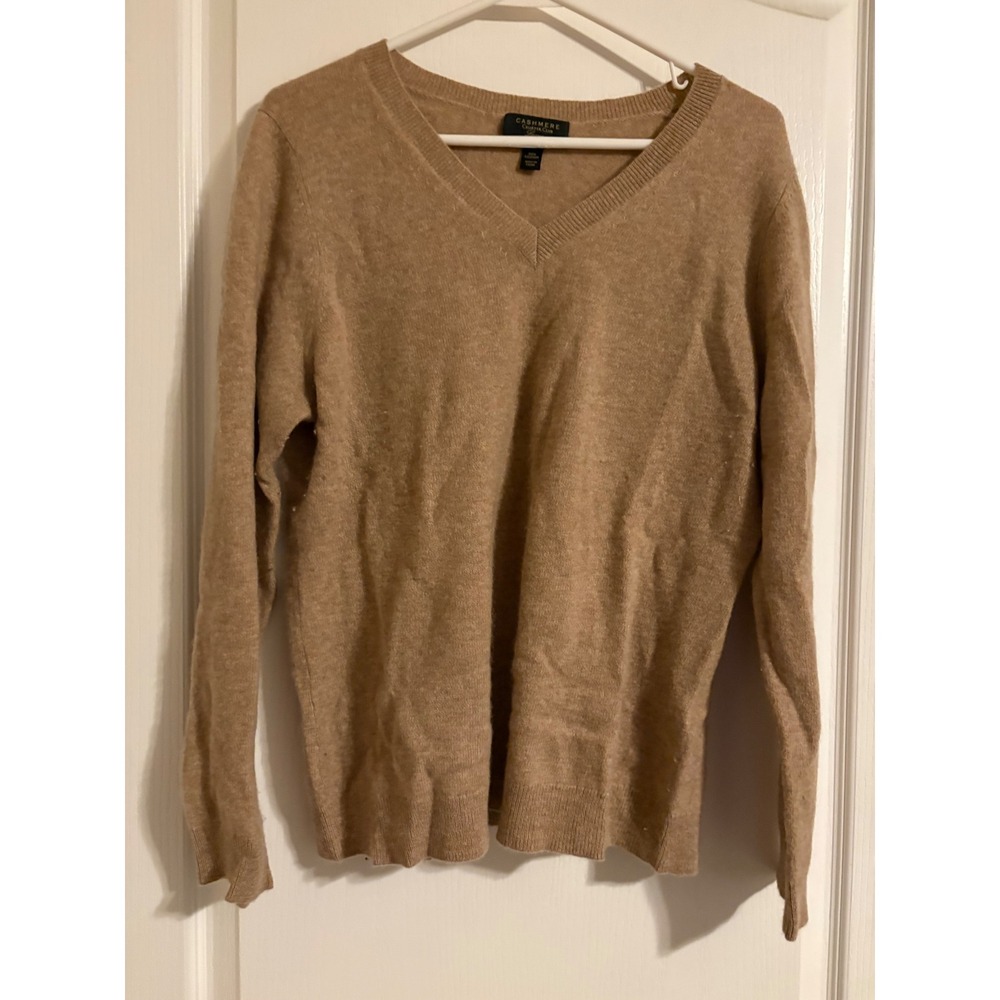 Charter Club V-Neck Sweater Women XL Tan Excellent 100% Cashmere Luxury Knit